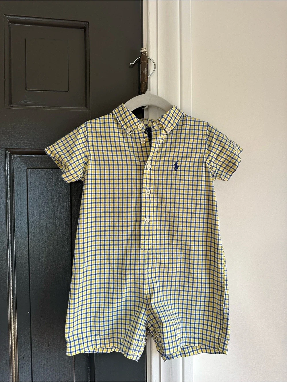 Ralph Lauren Baby Boy 12M Yellow Blue Plaid Cotton Shortall Romper